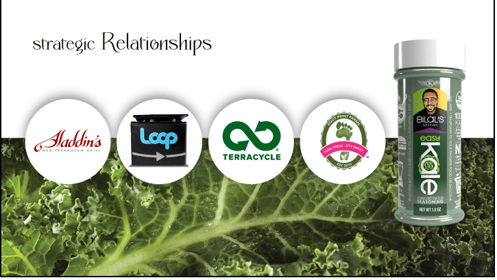 EasyKale shaker isolated on a PowerPoint slide on the right from Bilal Qizilbash's 2019 CoLab presentation, with its strategic relationships logo on the left.