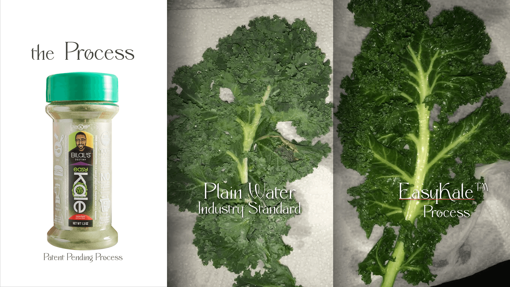 PowerPoint slide from Bilal Qizilbash's 2021 VQuad presentation comparing two kale samples on the right,one is plain water industry standard the other is EasyKale processed kale and on the left there is easykale shaker.