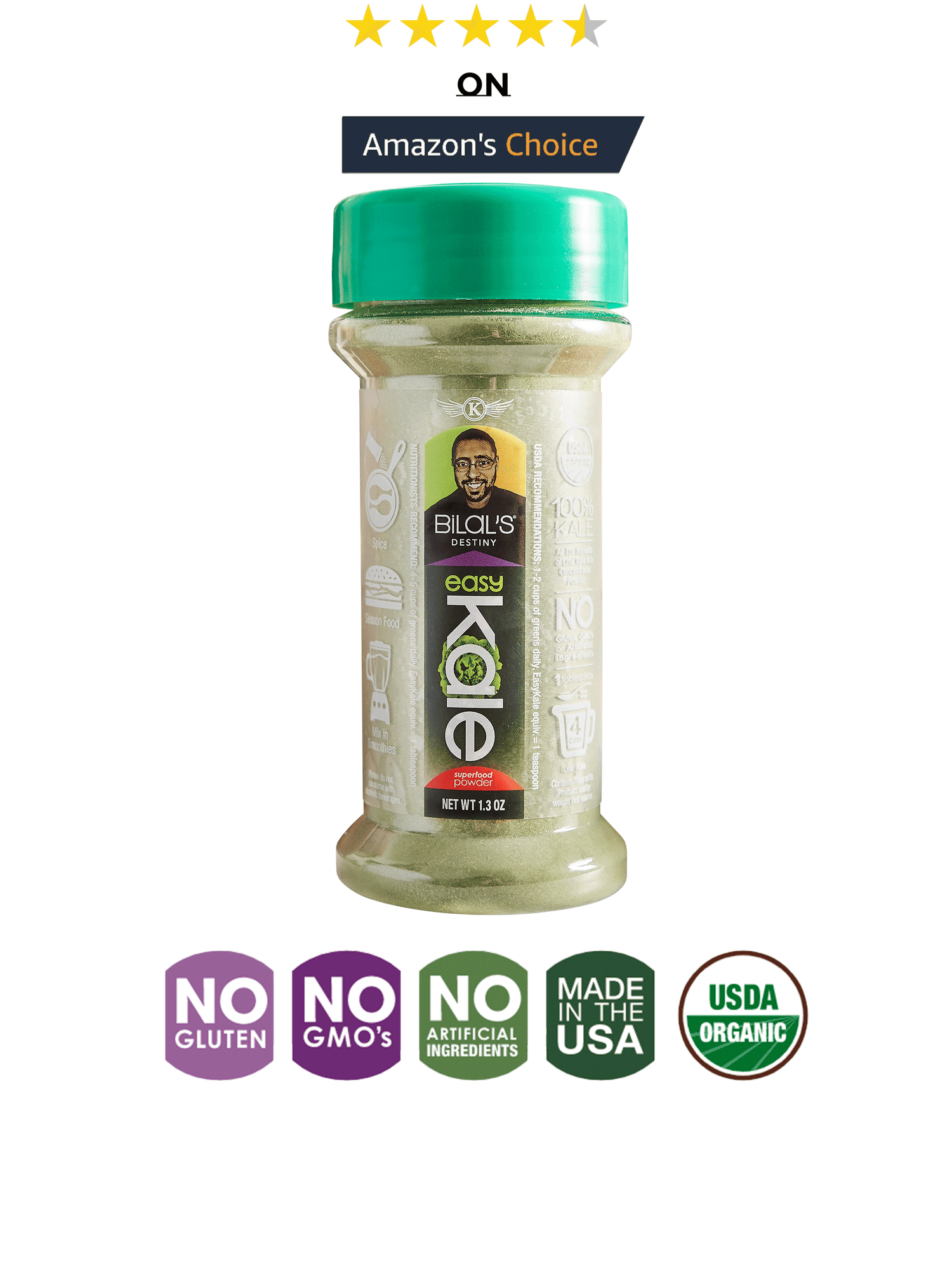 Bilal's EasyKale Shaker isolated on a white background with its quality certifications, 4.4-star ratings, and Amazon's Choice badge.