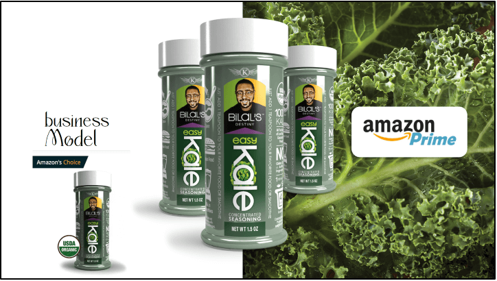 owerPoint slide from Bilal Qizilbash's 2019 CoLab presentation showcasing 'EasyKale' kale shakers featured on amazon prime and on amazon's choice.