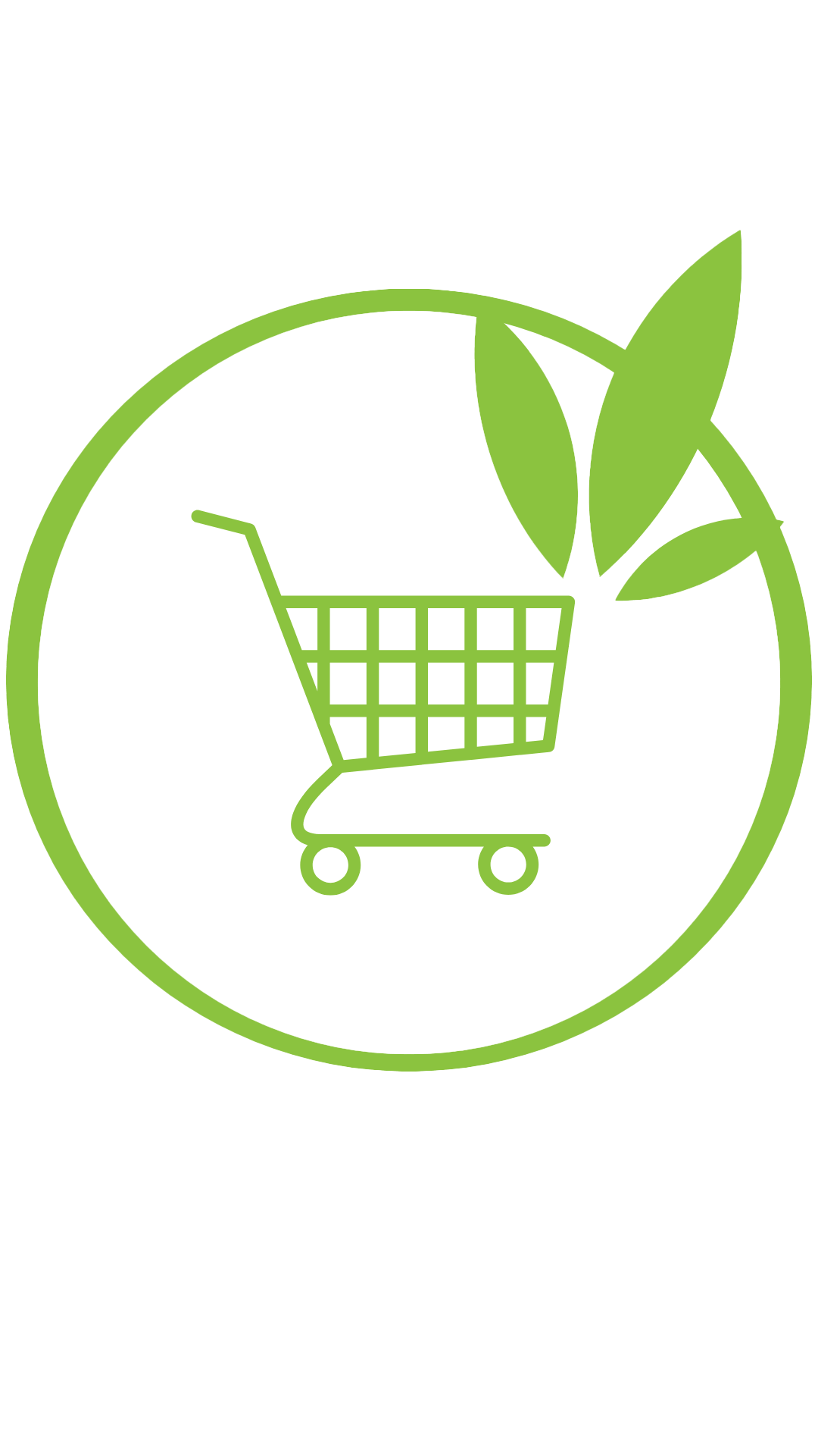 Outlined green shopping cart icon with leaf design on a white background for eco-friendly online shopping.