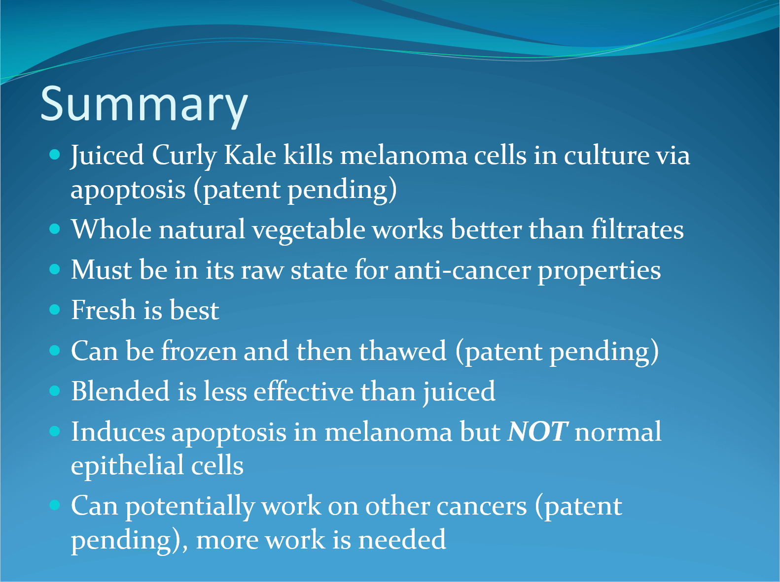 Powerpoint slide showcasing summary of Bilal Qizilbash's presentation on killing cancer naturally at UFS Yale 2015.