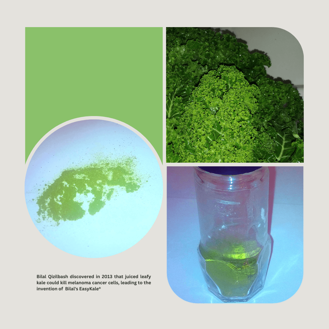 Collage showcasing Bilal's easykale making process with a Lima Bean Green theme, featuring bilal's easykale powder on a surface, in a container, and fresh organic leafy kale.