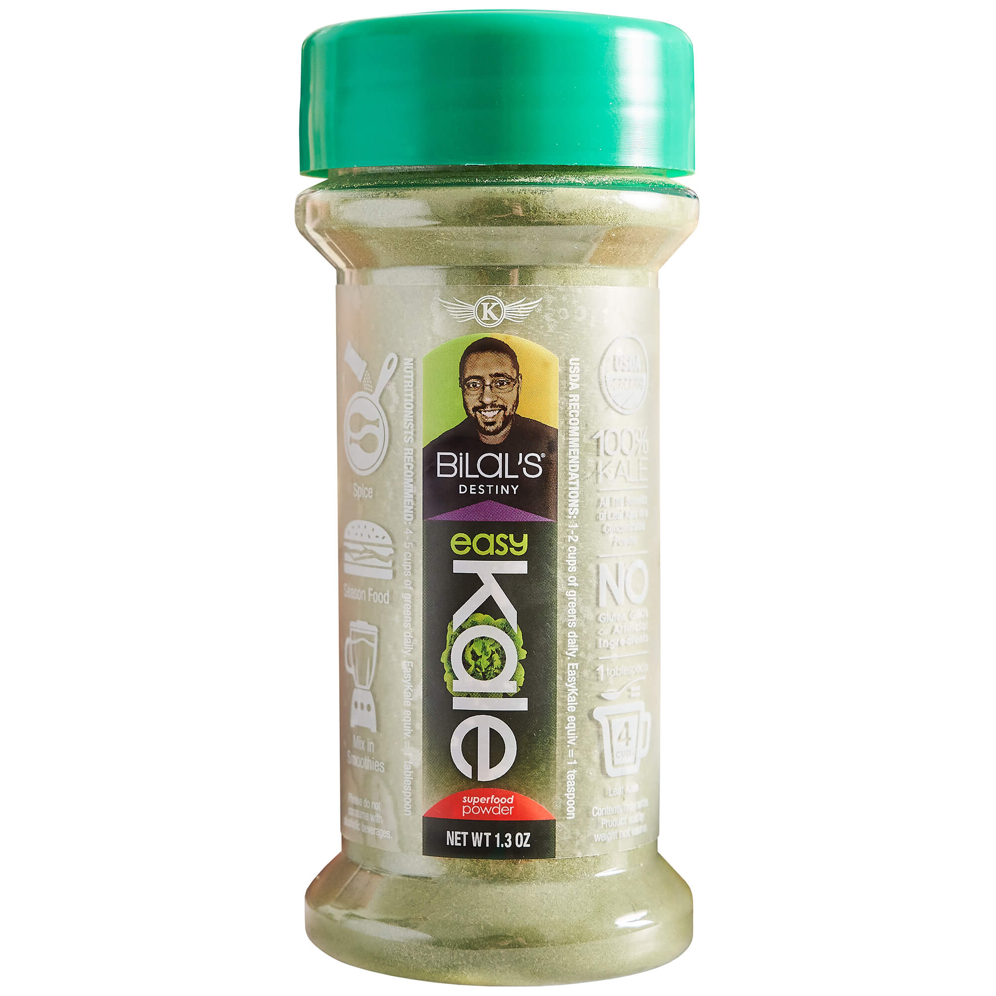 Isolated view of Bilal's EasyKale Tasteless Organic Kale Powder Shaker, a transparent container, against a white background, showcasing its transparent design and simplicity.