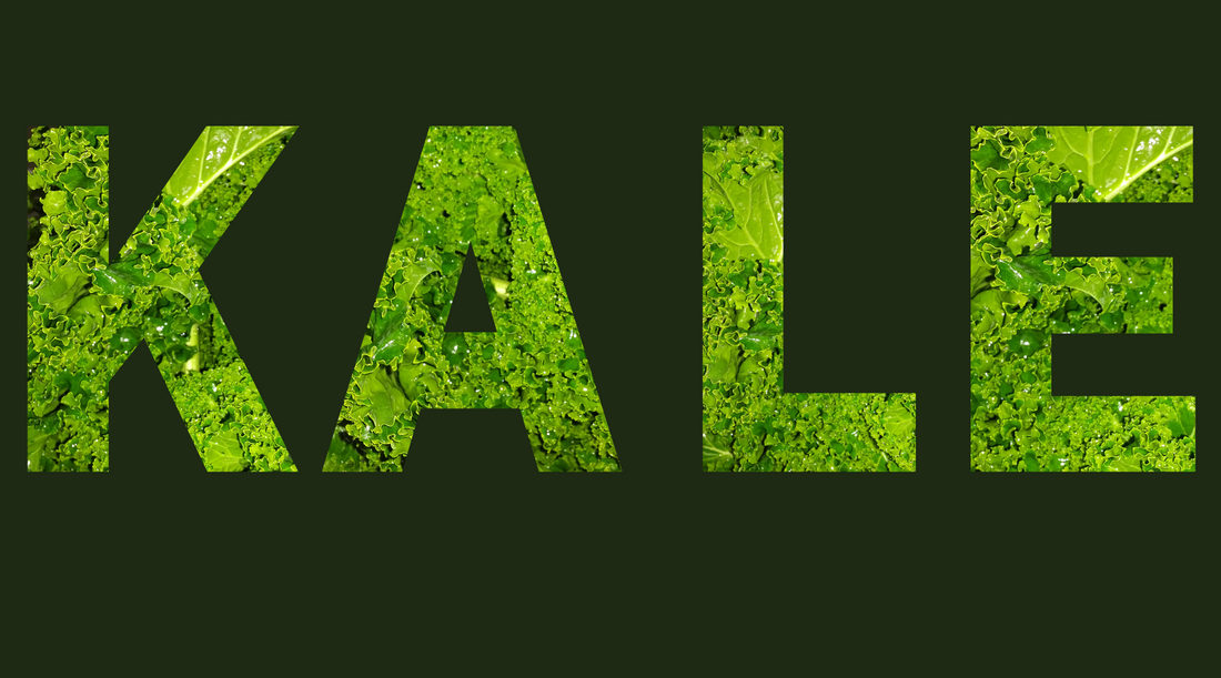 Kale Letter Art Composition with Fresh Kale Images on Deep Slate Olive Background