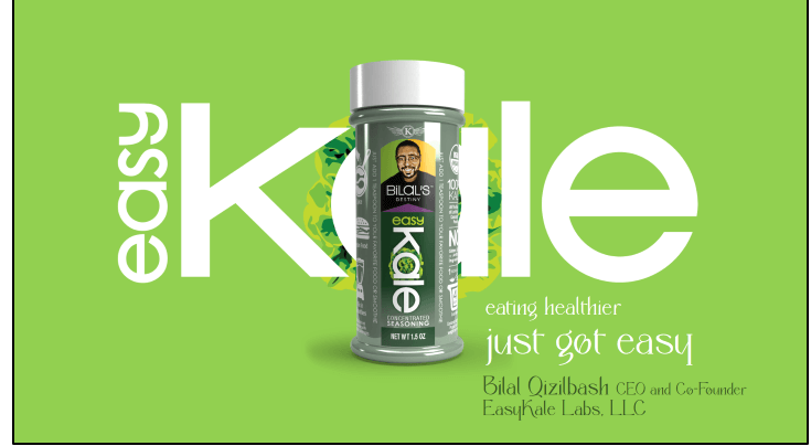 PowerPoint slide from Bilal Qizilbash's 2019 CoLab presentation showcasing 'EasyKale' tasteless kale shaker isolated with a vibrant green color behind.