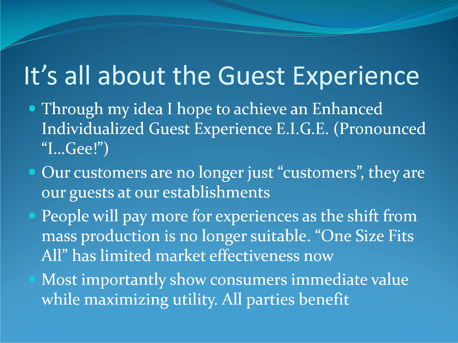 Powerpoint slide from Enterprise Holdings' subscription model by Bilal Qizilbash showcasing the concept of the guest experience in text.
