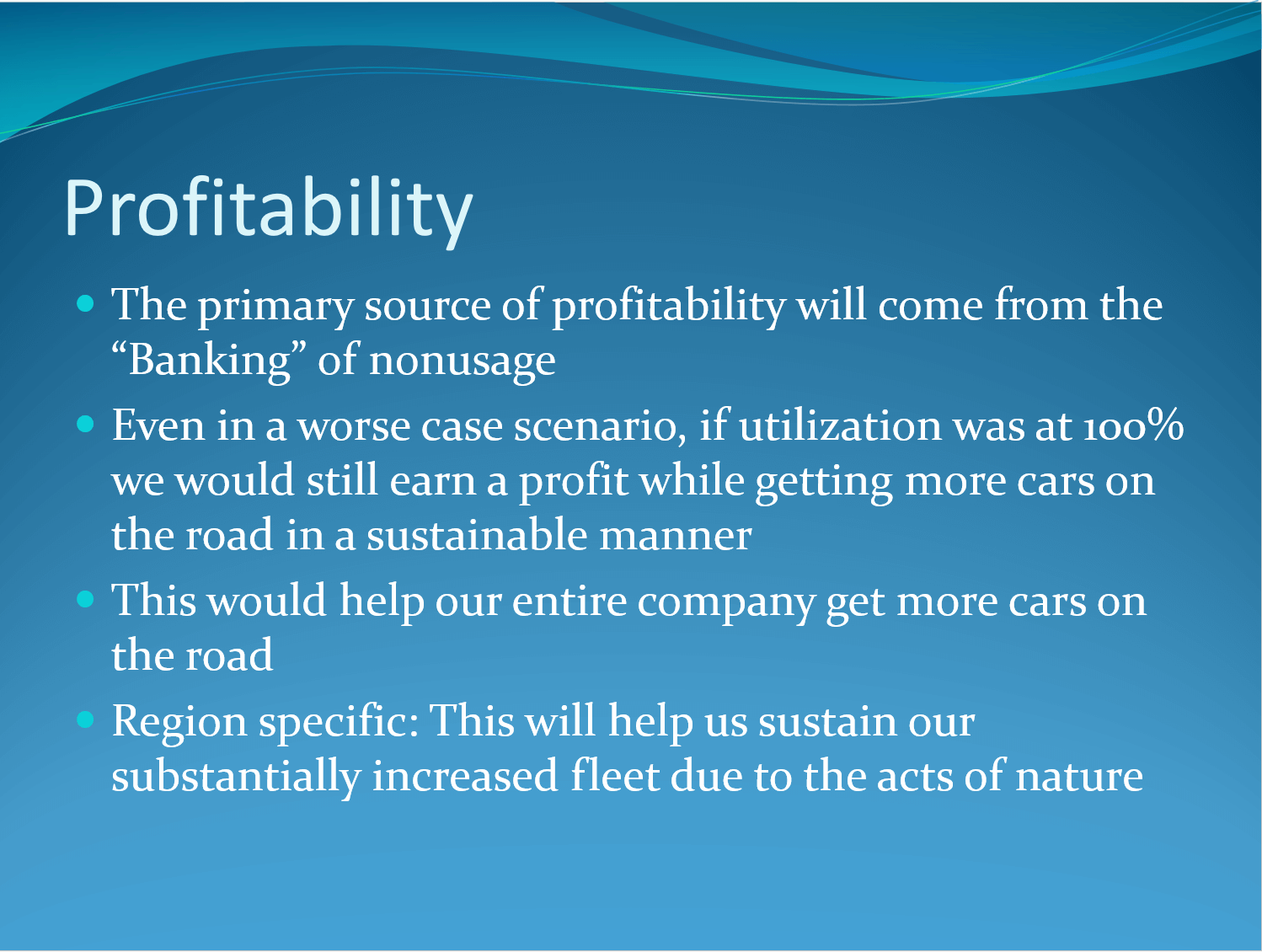 PowerPoint slide from Enterprise Holdings' presntation by Bilal Qizilbash explaining profitability in text.