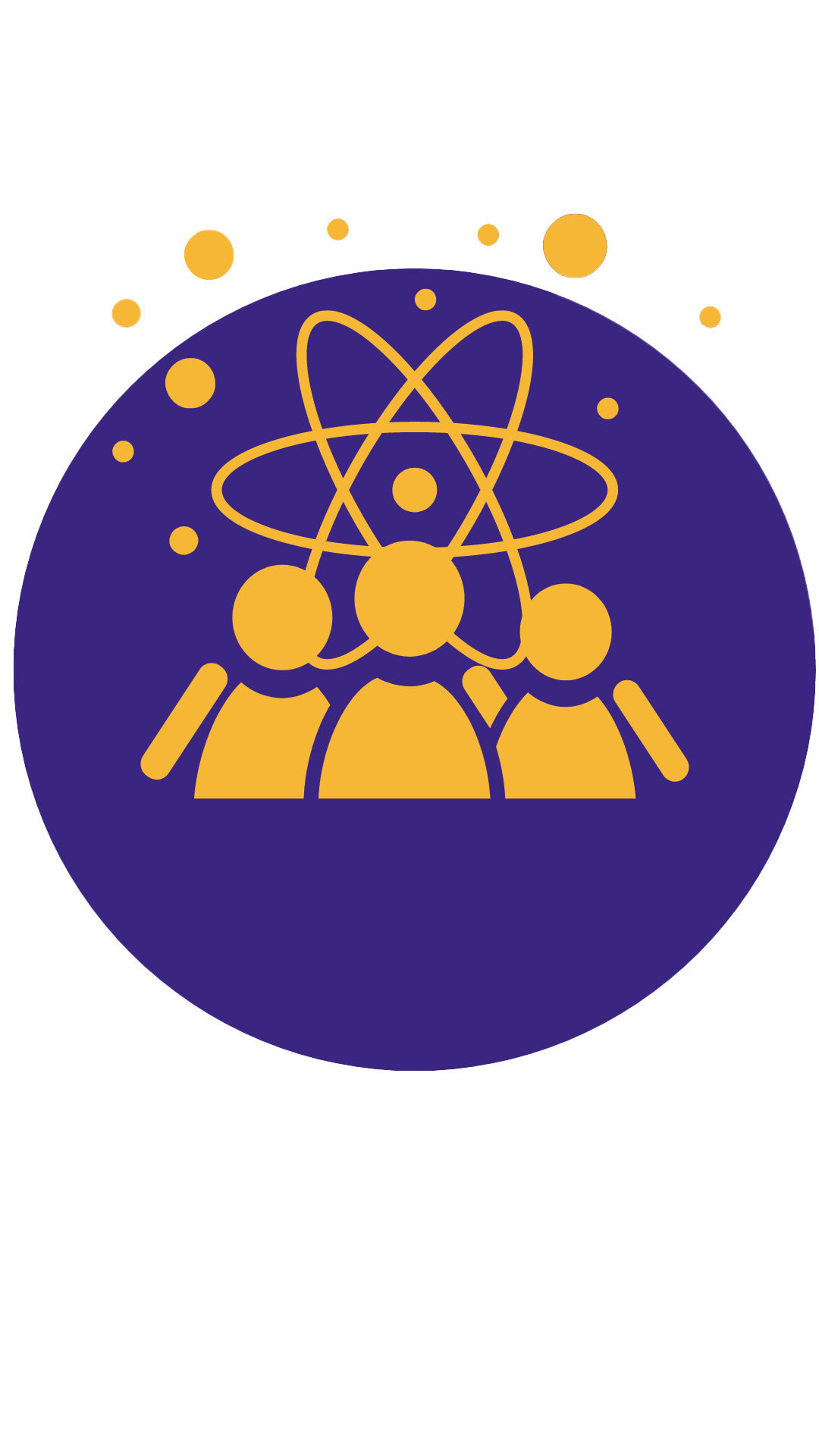 Illustration of orange people icon with an orange atom symbol on a purple background representing collaboration and scientific knowledge..