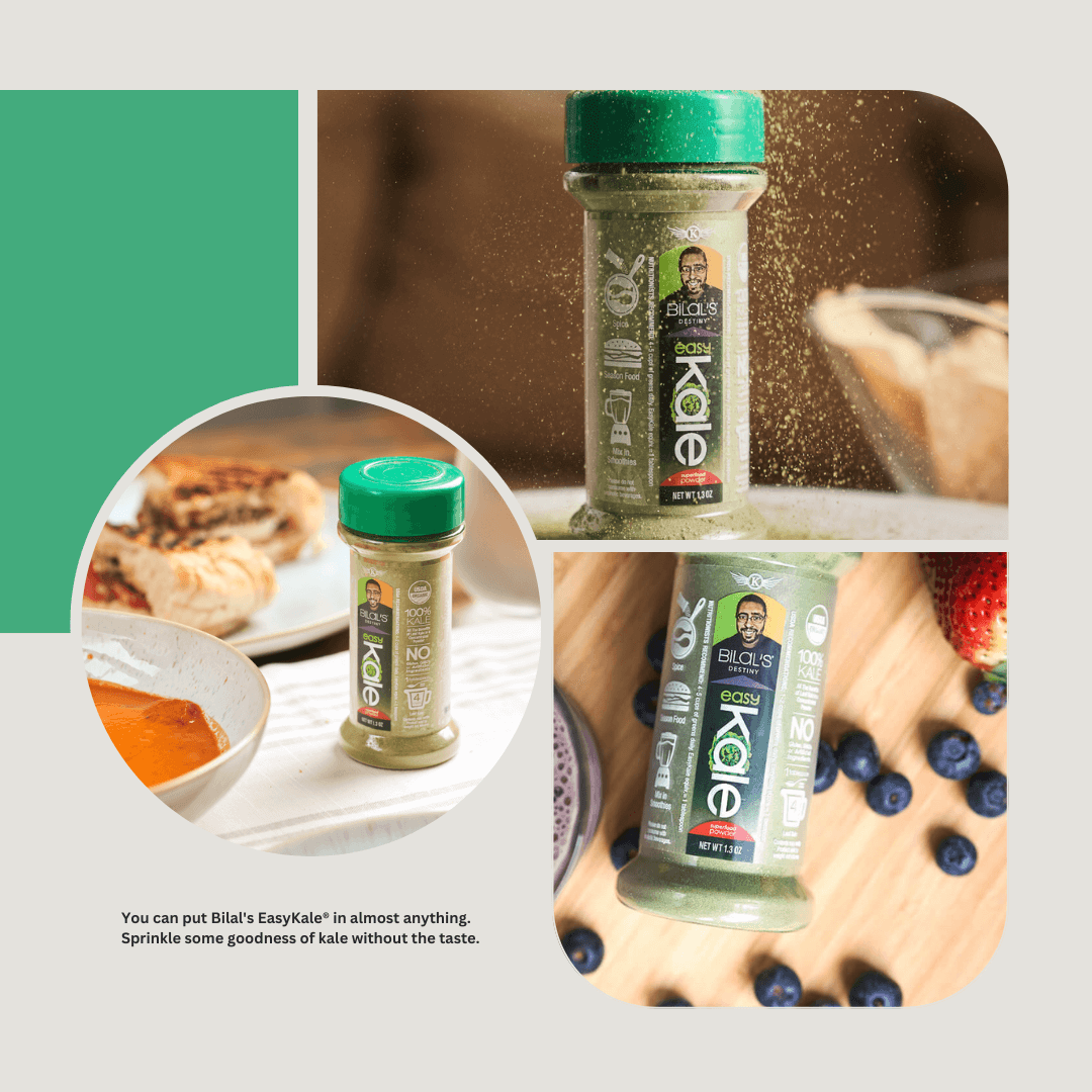 Collage featuring Bilal's EasyKale tasteless kale powder in a sea green theme, showcasing the versatility and benefits of this organic kale shaker..