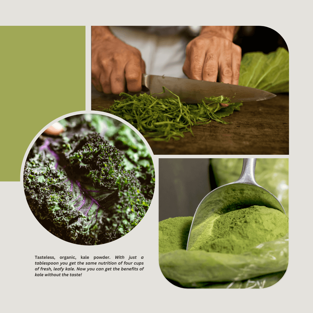 Collage design in olive green combining Bilal's EasyKale tasteless powder in bulk and fresh organic kale.