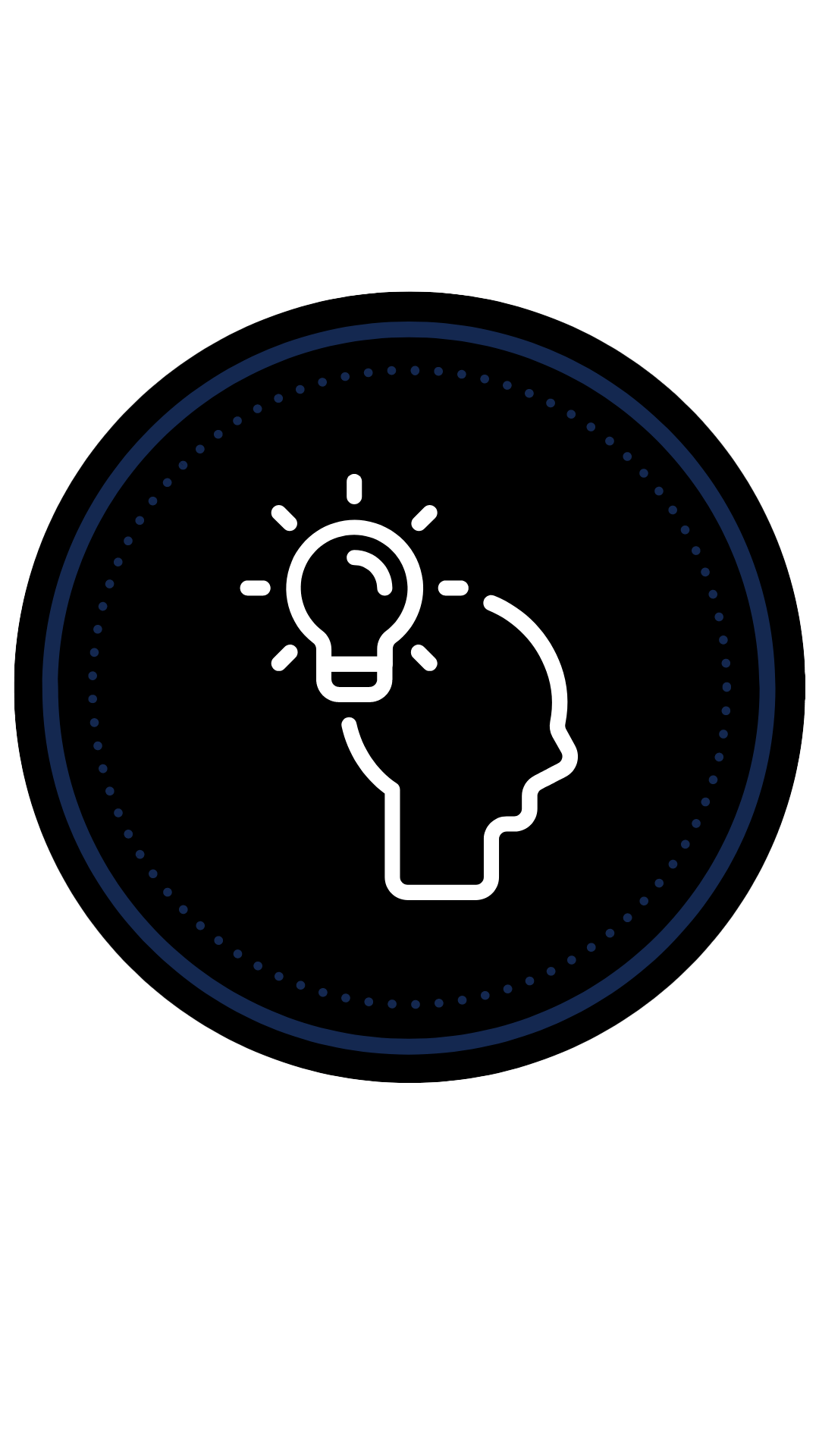 Illustration of an outlined icon of a head with a light bulb symbolizing creativity  and idea generation on a dark background.